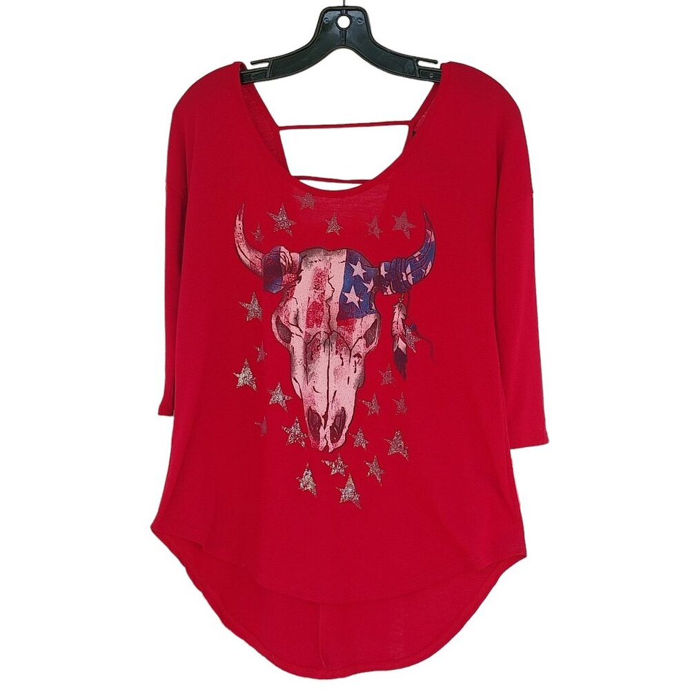 Rock 47 by Wrangler Top with Cow Skull 3/4 Sleeves, Semi Open Back, Red, Small